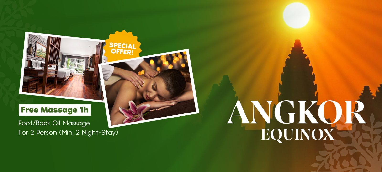 The sun rising directly over the central tower of Angkor Wat temple during the September equinox, featured as a website cover banner for J7 Angkor Hotel.