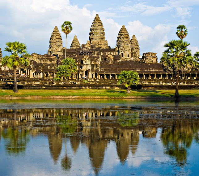 Angkor Wat temple reflection on the lake during a daytime tour near J7 Hotel Siem Reap.
