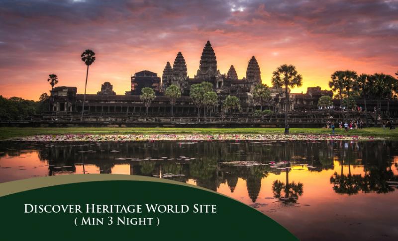 Angkor Wat sunrise reflection over the lake banner for J7 Hotel Siem Reap World Heritage vacation package.