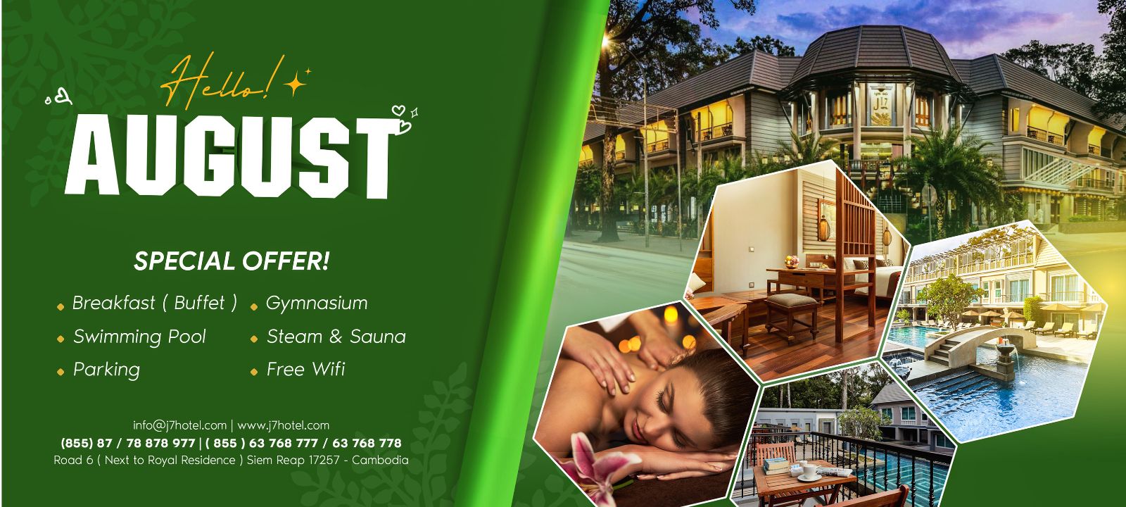 Hotel promotion banner for J7 Angkor in Siem Reap Cambodia featuring a special offer with buffet breakfast gym swimming pool spa and free wifi.