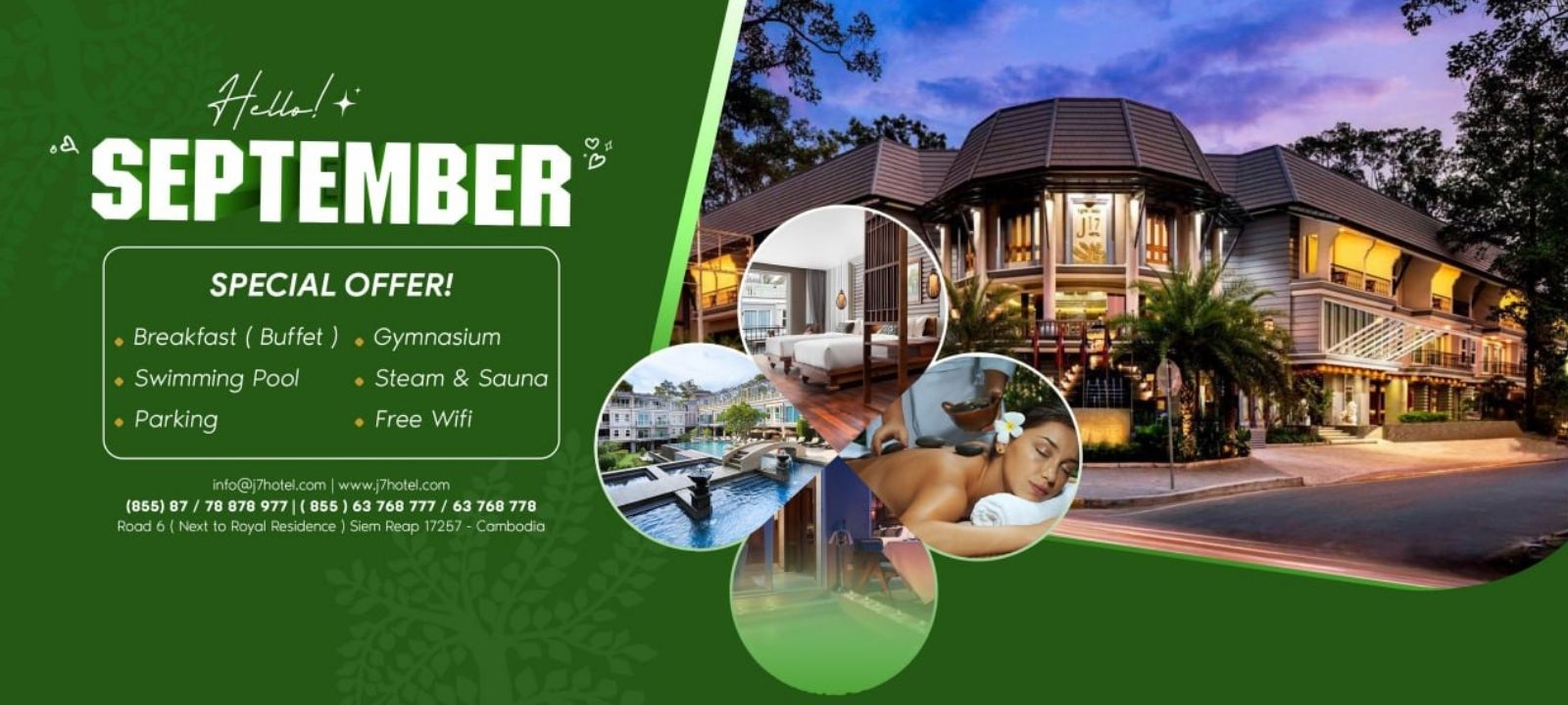 Promotional cover banner for September 2026 showcasing J7 Angkor Hotel special offers in Siem Reap, Cambodia.